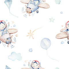 Wandcirkels Dieren met ballon patronen Aquarel wolkjes en sterren patroon  © kris_art