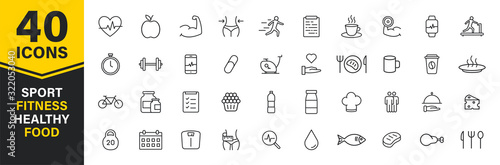 Set of 40 Sport and Fitness, healthy food web icons in line style. Soccer, nutrition, workout, teamwork. Vector illustration.