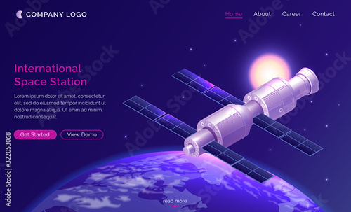 Fototapeta Naklejka Na Ścianę i Meble -  International space station isometric landing page, satellite or spaceship orbiting Earth in starry sky, iss cosmos exploration, outer universe scientific mission, 3d vector illustration, web banner
