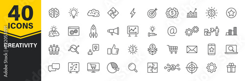 Set of 40 Creativity and Idea web icons in line style. Creativity, Finding solution, Brainstorming, Creative thinking, Brain. Vector illustration.