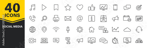 Set of 40 Social Media web icons in line style. Contact, digital, social networks, technology, website. Vector illustration.