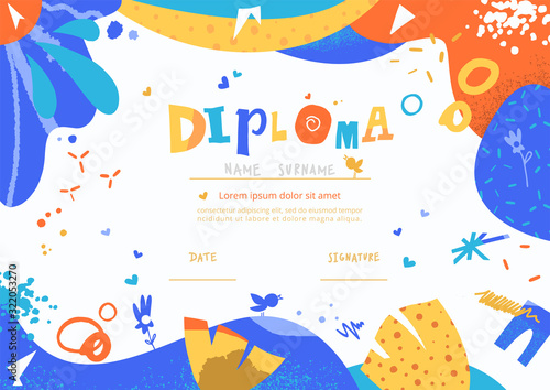Modern colorful Diploma template for kids. Vector illustration template certificate background with hand drawn letters of Preschool school, preschool or playschool. 