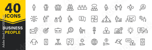 Set of 40 Business people and teamwork web icons in line style. Business, teamwork, leadership, manager. Vector illustration.