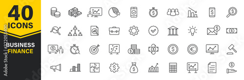 Set of 40 Business and Finance web icons in line style. Money, dollar, infographic, banking. Vector illustration.