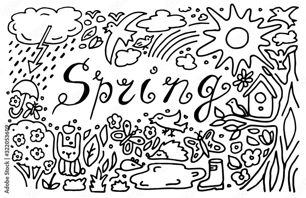 Doodle Spring. Birds, sky, aminals. Vector sketchy line art Doodle cartoon set of objects