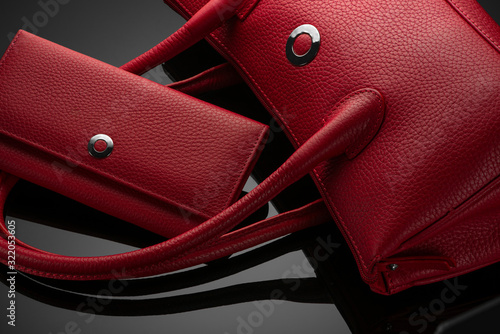 Fashionable red women's bag and purse on a dark background