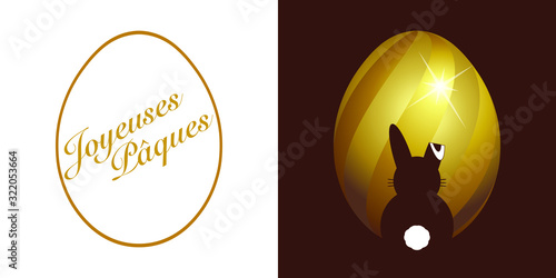 Illustration vectorielle avec un œufs de Pâques or 3D et une silhouette de lapin sur un fond couleur chocolat - texte : français.
