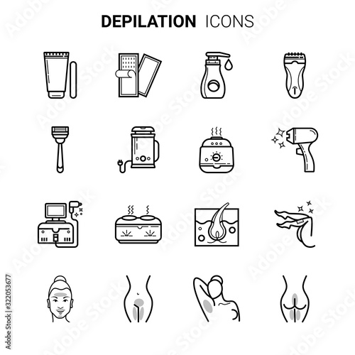 Hair depilation, laser hair removal. Linear icons