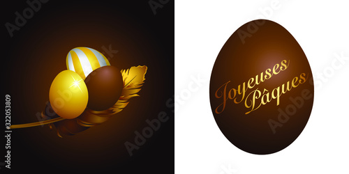 Illustration vectorielle de 3 œufs de Pâques 3D sur une plume + un gros œuf au chocolat - texte français.