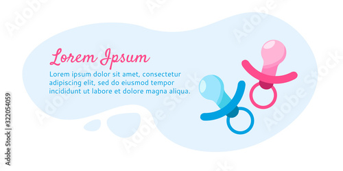 Banner for web - two sootherсs for baby, girl and boy. It's twins illustration. Invitation for baby shower