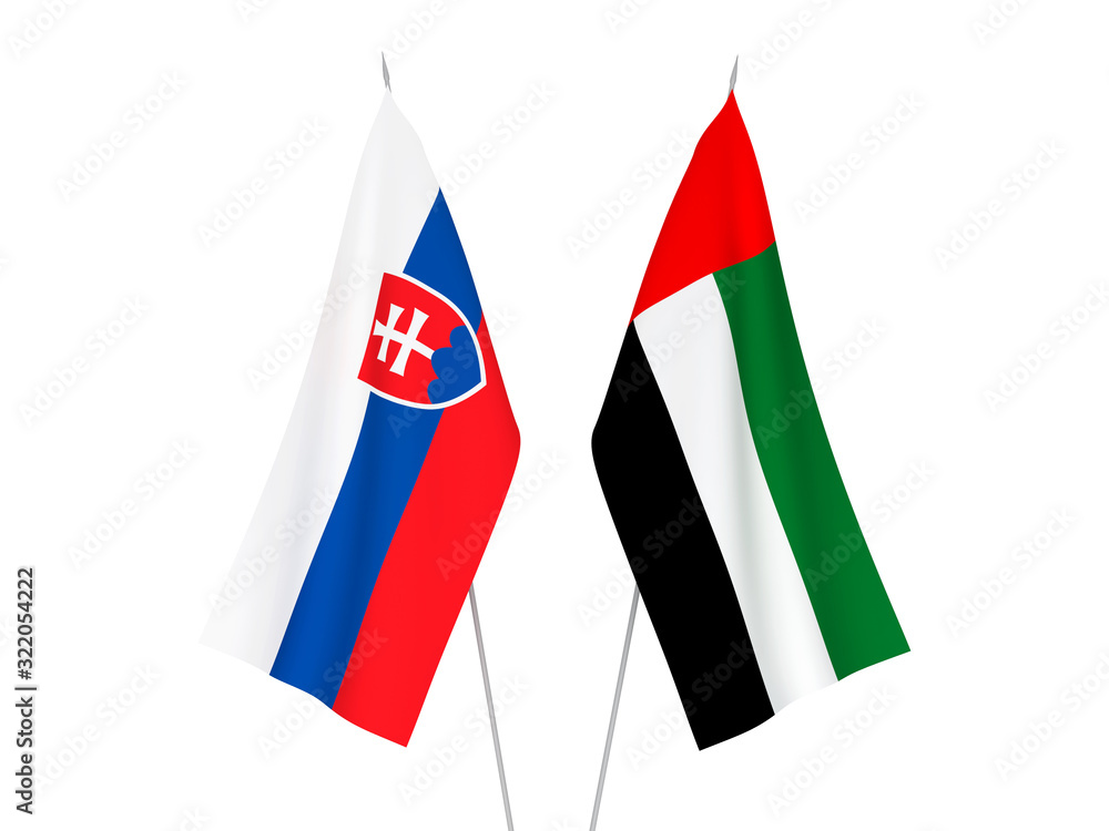 National fabric flags of United Arab Emirates and Slovakia isolated on white background. 3d rendering illustration.