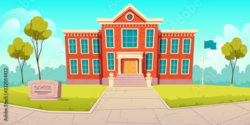 School building educational institution, college empty front yard with green trees, grass lawns, paving stones path, city architecture, place for studying, summer landscape Cartoon vector illustration