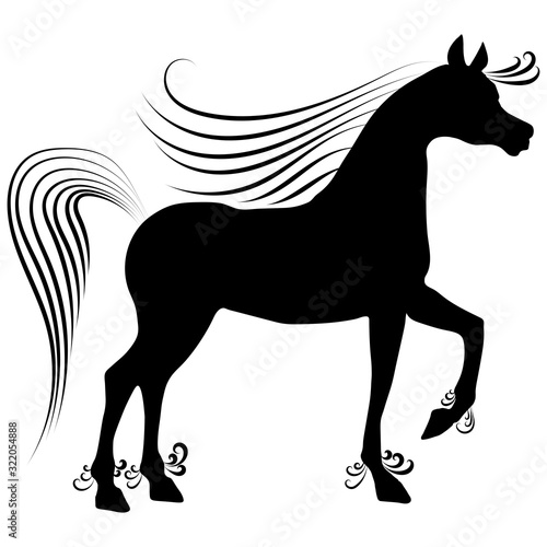 silhouette black horse stands with raised leg and long curls  valentines day
