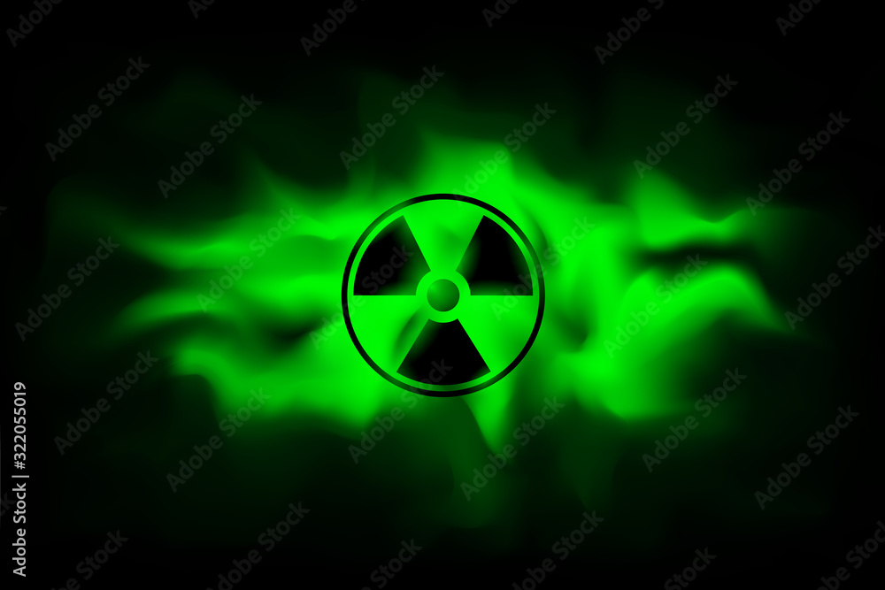 Radiation sign on background of polluted green fog.The spread