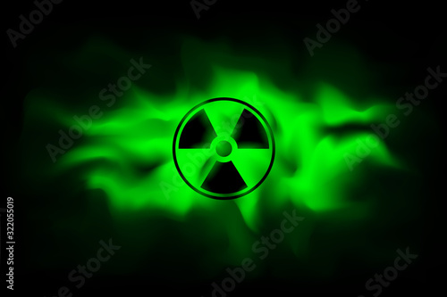 Radiation sign on background of polluted green fog.The spread radioactive contamination nuclear weapons.  Dangerous haze poisoned. Vector illustration photo