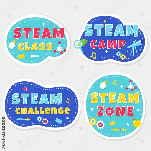 Steam Class, Camp and Zone Colorful Stickers or Banners for Kids Playrooms and School Spaces. Vector Illustration