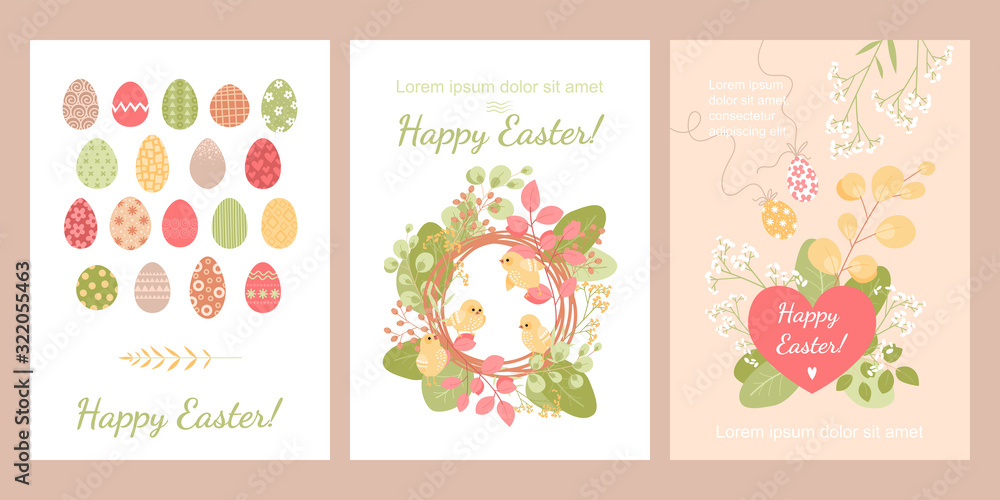 Set of cards for Easter with cute chickens, painted eggs and flowers
