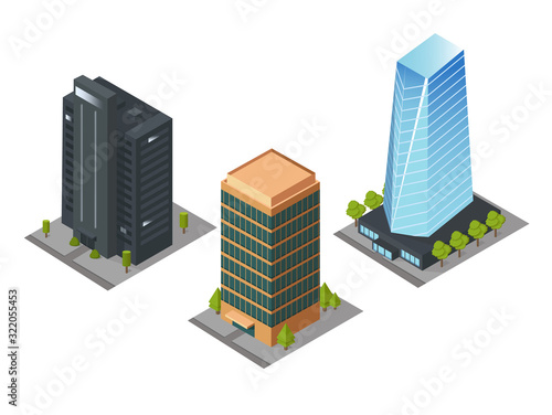 Isometric skyscrapers, roads, and trees. Set of buildings and modern apartments. Vector isolated  illustration, 3D