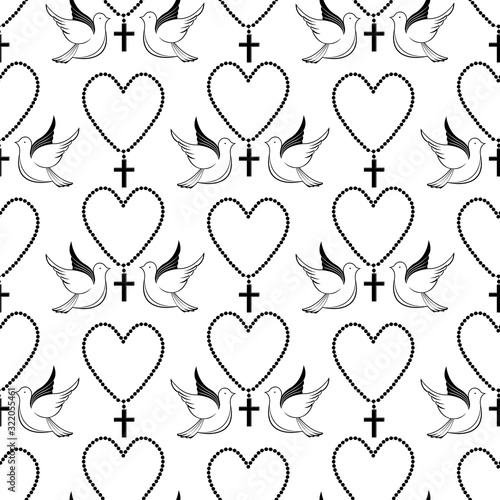 Pigeons and prayer beads. Biblical symbols. Easter seamless pattern