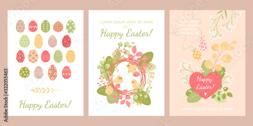 Set of cards for Easter with cute chickens, painted eggs and flowers