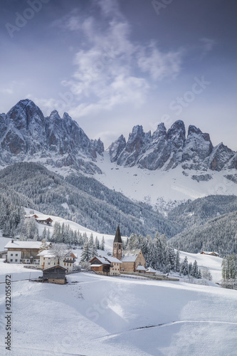  Santa Maddalena village in Val di Funes one of the most beautiful valleys Dolomite in the winter
