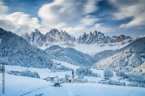  Santa Maddalena village in Val di Funes one of the most beautiful valleys Dolomite in the winter © fotoluk1983