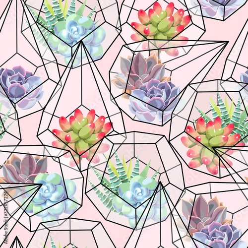 High detail succulent and cactus seamless pattern
