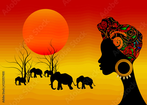 Obraz na plátně Landscape view of Africa with young African woman with turban looking to elephants and rising sun