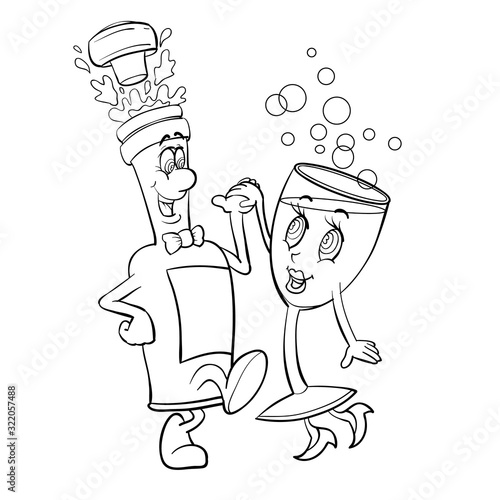 bottle and wineglass two characters dancing  holding hands  holiday  outline drawing  isolated object on a white background 