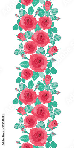 Seamless vertical border with red roses and leaves