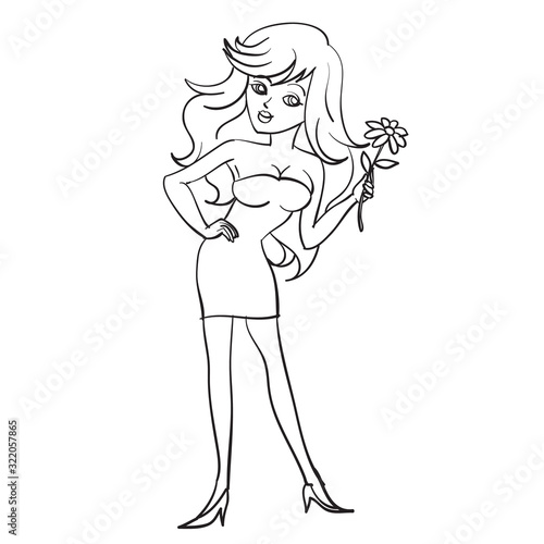 girl in a short evening dress stands with a flower in her hands, drawing in outline, isolated object on a white background,