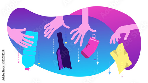 Ecological illustration.. Human hands taking out the trash. Plastic bottle, glass, metal, paper. Separation of garbage. Utilization of wastes. No plastic. Separation of garbage. Eco problem. Green.
