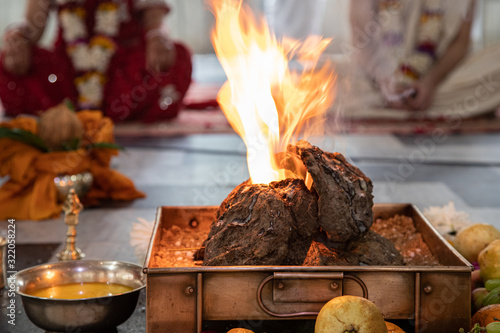 Indian Hindu Traditional Pooja. Vedic fire ceremony called Yagya. Indian wedding of vivah Yagya. items for the Indian Yajna ritual. the place of traditional Vedic sacrifice yagyashala photo