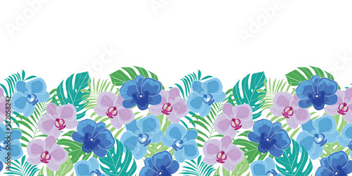Tropical seamless horizontal border with orchid flowers and leaves