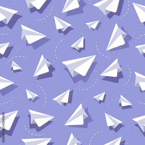 Paper plane vector seamless pattern in flat style isolated from background. Origami plane collection