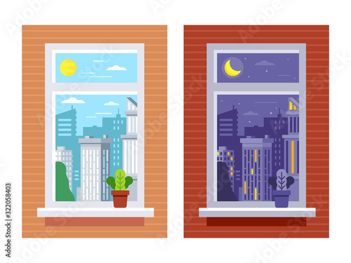 Window view. Sunrise  morning and night stars different times of day  house windows apartment views isolated vector illustration