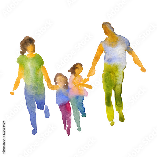 Hand drawn watercolor illustration: group of people. Four people hold hands, a man, a woman and two children are running