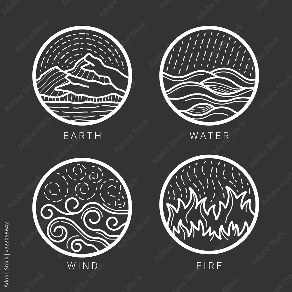 Collection of 4 element earth, water , wind , fire with white abstract