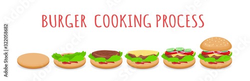 stages of cooking burger process .making fast food vector illustration