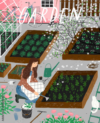 Garden and agriculture. Vector illustration of gardening and spring sowing in the garden, a woman plants sprouts and leaves. Drawing for poster, card or background.