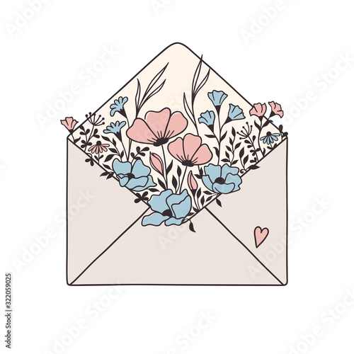 Envelope full of flowers, leaves and grass twigs. Hand drawn vector illustration