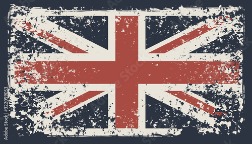 Vector banner with the flag of the UK in the grunge style on a dark background. Symbolism of the Great Britain. Suitable for t-shirt print, label, poster, banner, postcard, flyer, design element