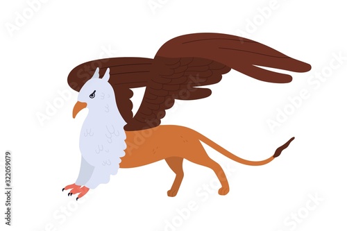 Half bald eagle and lion mythical creature isolated on white background