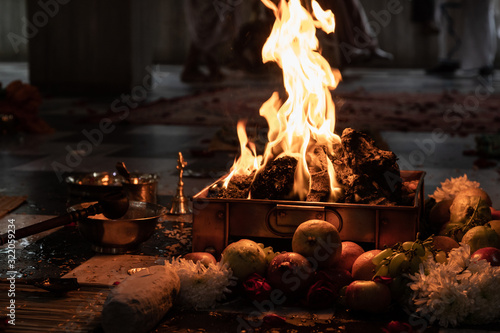 Indian Hindu Traditional Pooja. Vedic fire ceremony called Yagya. Indian wedding of vivah Yagya. items for the Indian Yajna ritual. the place of traditional Vedic sacrifice yagyashala photo