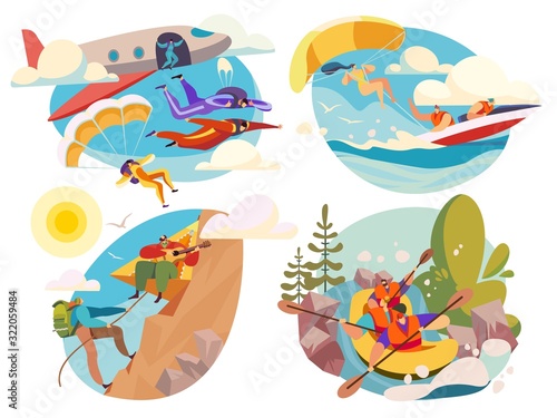 Extreme sport, active people skydiving and rafting, vector illustration. Outdoor activity for summer vacation, extreme adventures, parachute jump and mountain climbing. Active lifestyle, outdoor sport