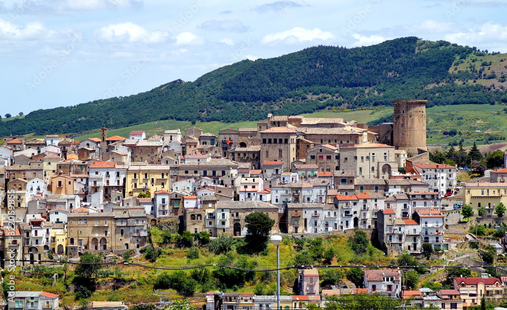 Italy. Panorama of the city of Tricarico on a hill overlooking the Norman Tower and the monastery of St. Chiara. Basilicata.