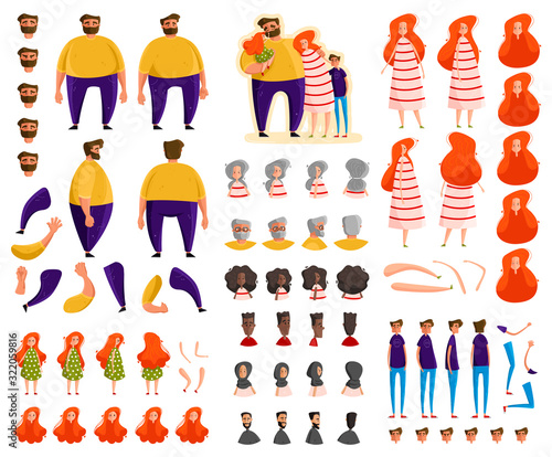 Family cartoon characters constructor set, vector illustration. Parents and children in different poses, isolated faces with emotional expressions, editable race, age. Family generator constructor set