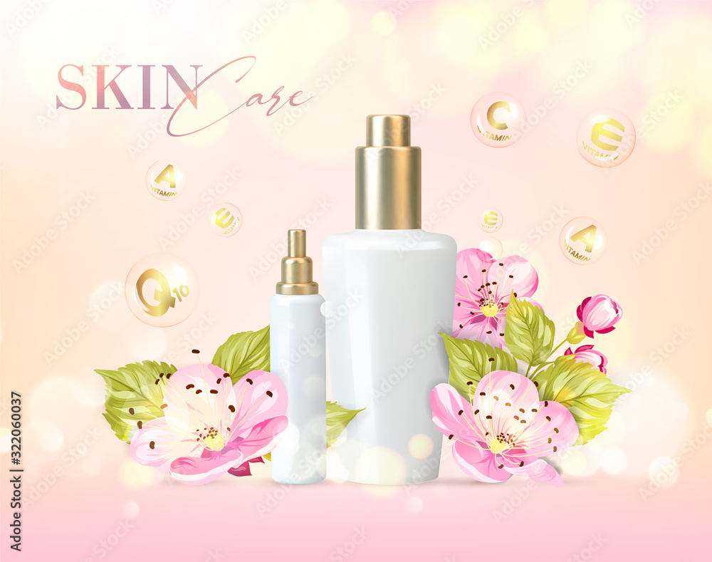 Bottle for cosmetic lotion and jar of cream. Regenerate cream for hands, white bottle over pink background with blossom sakura flowers composition. Moisturizer with Vitamins and Regenerate Cream.