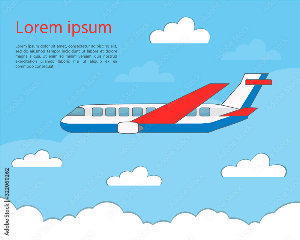 Vector Illustration. Poster or banner travel. Advertising. Airplane flying in the sky with clouds.