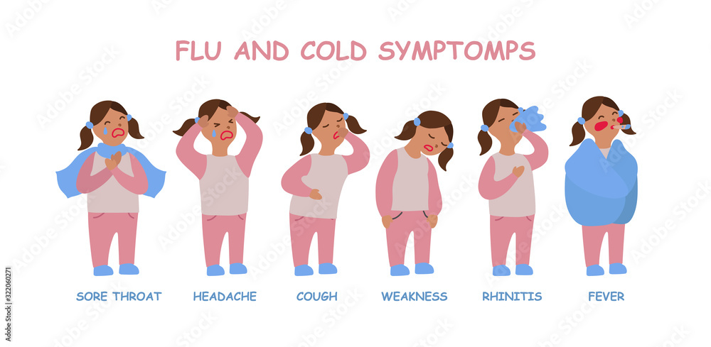 Vector flat illustration with a girl with symptoms of colds and flu ...